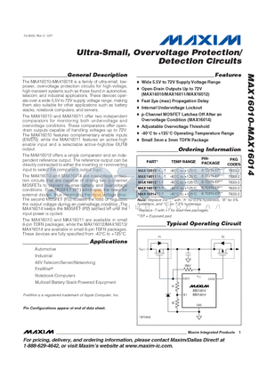 MAX16011TAA-T datasheet - Ultra-Small, Overvoltage Protection/Detection Circuits