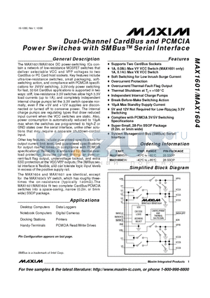 MAX1601 datasheet - Dual-Channel CardBus and PCMCIA Power Switches with SMBus Serial Interface