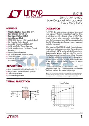 LT3014BHVEDD datasheet - 20mA, 3V to 80V Low Dropout Micropower Linear Regulator