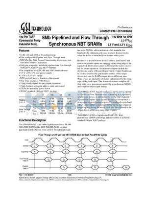 GS880Z18T-80 datasheet - 8Mb Pipelined and Flow Through Synchronous NBT SRAMs