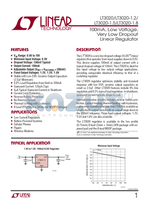 LT3020EMS8 datasheet - 100mA, Low Voltage, Very Low Dropout Linear Regulator