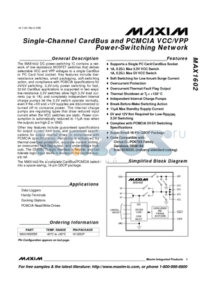 MAX1602 datasheet - Single-Channel CardBus and PCMCIA VCC/VPP Power-Switching Network