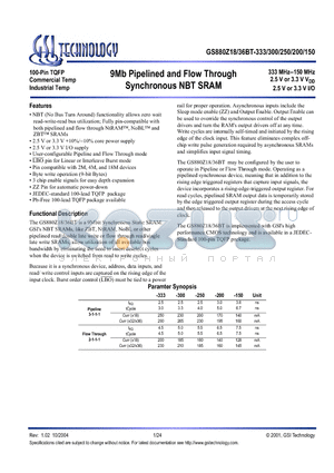 GS880Z36BGT-150I datasheet - 9Mb Pipelined and Flow Through Synchronous NBT SRAM