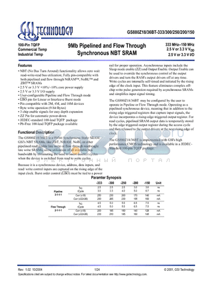 GS880Z36BGT-333I datasheet - 9Mb Pipelined and Flow Through Synchronous NBT SRAM