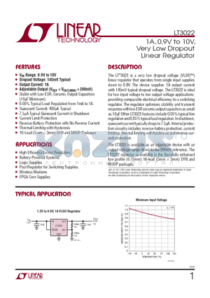 LT3022IDHC-TRPBF datasheet - 1A, 0.9V to 10V, Very Low Dropout Linear Regulator