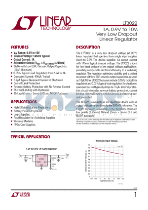 LT3022IMSE-PBF datasheet - 1A, 0.9V to 10V, Very Low Dropout Linear Regulator