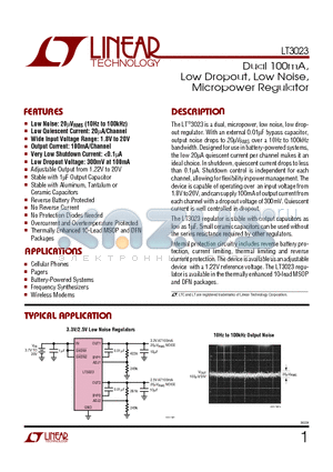 LT3023EMSE datasheet - Dual 100mA, Low Dropout, Low Noise, Micropower Regulator