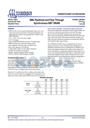 GS880ZV18BGT-250I datasheet - 9Mb Pipelined and Flow Through Synchronous NBT SRAM