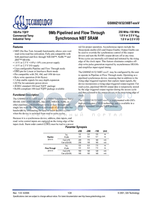 GS880Z36BT-250IV datasheet - 9Mb Pipelined and Flow Through Synchronous NBT SRAM