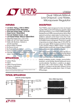 LT3024EDE-PBF datasheet - Dual 100mA/500mA Low Dropout, Low Noise,Micropower Regulator