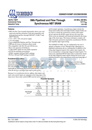 GS880ZV36BGT-300I datasheet - 9Mb Pipelined and Flow Through Synchronous NBT SRAM