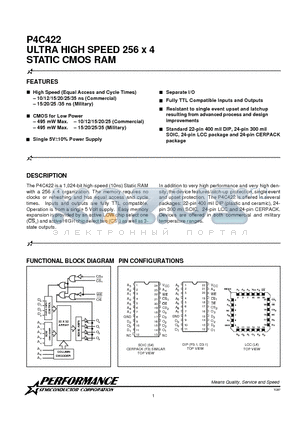 P4C22-15PC datasheet - ULTRA HIGH SPEED 256 X 4 STATIC CMOS RAM