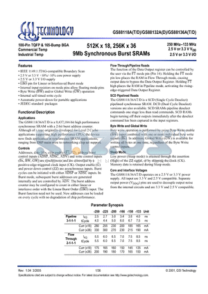 GS88118AD-133 datasheet - 512K x 18, 256K x 36 9Mb Synchronous Burst SRAMs