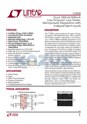 LT3028 datasheet - Dual 100mA/500mA Low Dropout, Low Noise,Micropower Regulators with Independent Inputs