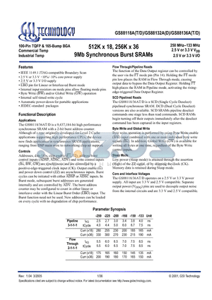 GS88118AD-166 datasheet - 512K x 18, 256K x 36 9Mb Synchronous Burst SRAMs
