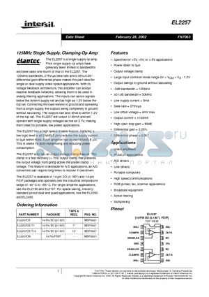 EL2257 datasheet - 125MHz Single Supply, Clamping Op Amp