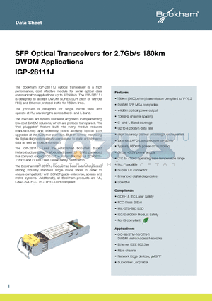 IGP-28111J-17 datasheet - SFP Optical Transceivers for 2.7Gb/s 180km DWDM Applications