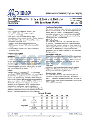 GS88118BD-200 datasheet - 512K x 18, 256K x 32, 256K x 36 9Mb Sync Burst SRAMs