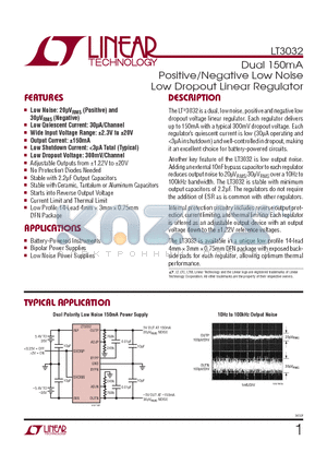 LT3032EDETR datasheet - Dual 150mA Positive/Negative Low Noise Low Dropout Linear Regulator