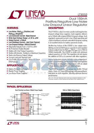 LT3032IDEPBF datasheet - Dual 150mA Positive/Negative Low Noise Low Dropout Linear Regulator