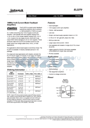 EL2270CSZ datasheet - 70MHz/1mA Current Mode Feedback Amplifiers