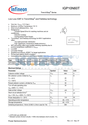 IGP10N60T datasheet - Low Loss IGBT in TrenchStop and Fieldstop technology