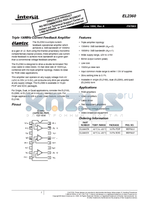 EL2360 datasheet - Triple 130MHz Current Feedback Amplifier