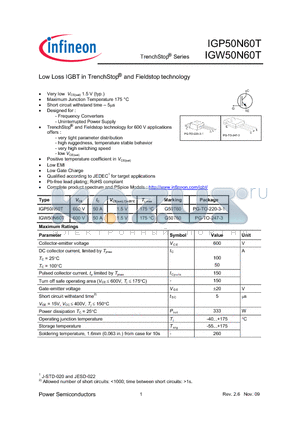 IGP50N60T datasheet - Low Loss IGBT in TrenchStop and Fieldstop technology