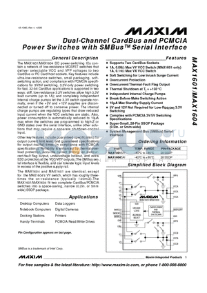 MAX1604EAI datasheet - Dual-Channel CardBus and PCMCIA Power Switches with SMBus Serial Interface