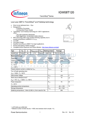 IGW08T120 datasheet - Low Loss IGBT in TrenchStop and Fieldstop technology