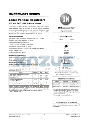 MM5Z2V4ST1G datasheet - Zener Voltage Regulators 200 mW SOD-523 Surface Mount