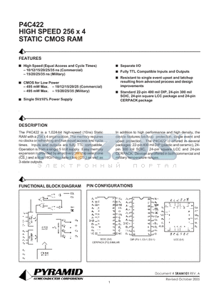 P4C422-25LMB datasheet - HIGH SPEED 256 x 4 STATIC CMOS RAM