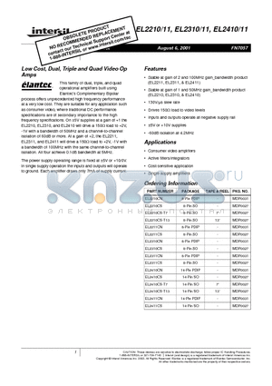 EL2410CS-T7 datasheet - Low Cost, Dual, Triple and Quad Video Op Amps