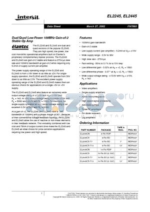 EL2445 datasheet - Dual/Quad Low-Power 100MHz Gain-of-2 Stable Op Amp