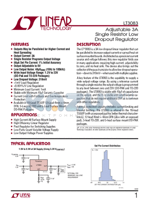 LT3070 datasheet - Adjustable 3A Single Resistor Low Dropout Regulator