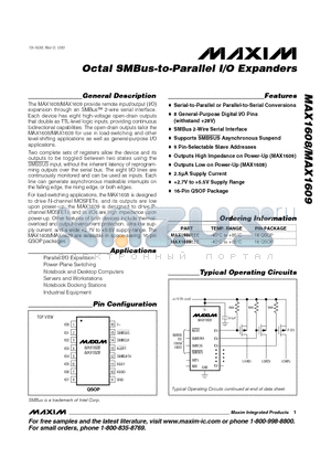 MAX1609 datasheet - Octal SMBus-to-Parallel I/O Expanders