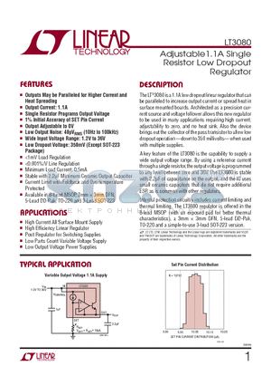 LT3080EMS8E-TRPBF datasheet - Adjustable1.1A Single Resistor Low Dropout Regulator