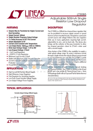 LT3085EDCB-TR datasheet - Adjustable 500mA Single Resistor Low Dropout Regulator