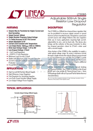 LT3085EMS8E-PBF datasheet - Adjustable 500mA Single Resistor Low Dropout Regulator