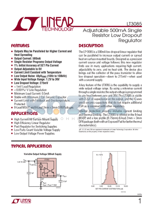 LT3085EDCB-TRPBF datasheet - Adjustable 500mA Single Resistor Low Dropout Regulator