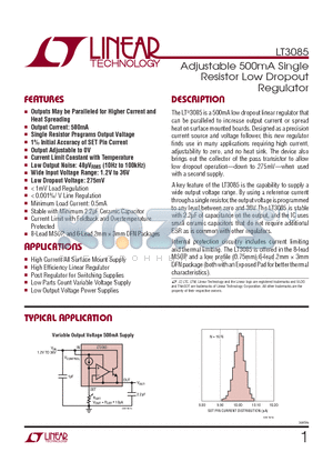 LT3085MPMS8E-TR datasheet - Adjustable 500mA Single Resistor Low Dropout Regulator