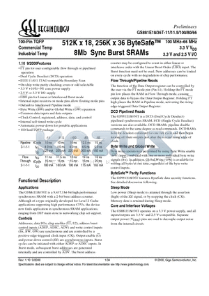GS881E18T-80 datasheet - 512K x 18, 256K x 36 ByteSafe 8Mb Sync Burst SRAMs