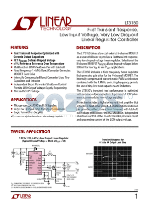 LT3150 datasheet - Fast Transient Response, Low Input Voltage, Very Low Dropout Linear Regulator Controller