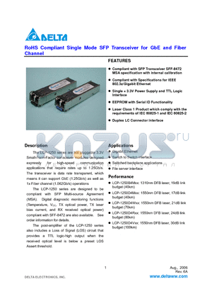 LCP-1250B4WDRT datasheet - RoHS Compliant Single Mode SFP Transceiver for GbE and Fiber Channel