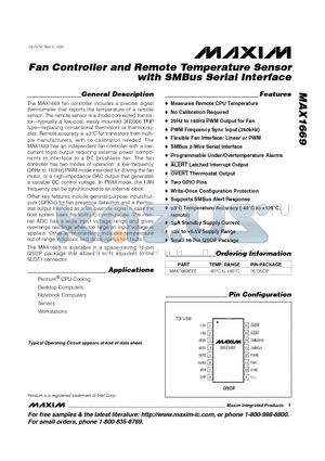 MAX1669 datasheet - Fan Controller and Remote Temperature Sensor with SMBus Serial Interface