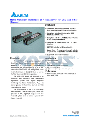 LCP-1250DR datasheet - RoHS Compliant Multimode SFP Transceiver for GbE and Fiber Channel