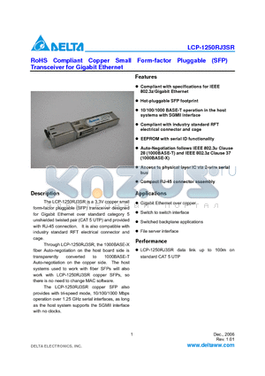 LCP-1250RJ3SR-S datasheet - RoHS Compliant Copper Small Form-factor Pluggable (SFP) Transceiver for Gigabit Ethernet