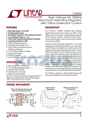 LT3434IFE datasheet - High Voltage 3A, 200kHz Step-Down Switching Regulator with 100uA Quiescent Current