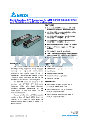 LCP-155A4JDR datasheet - RoHS Compliant SFP Transceiver for ATM, SONET OC-3/SDH STM-1 with Digital Diagnostic Monitoring Function