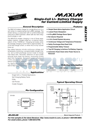 MAX1679 datasheet - Single-Cell Li Battery Charger for Current-Limited Supply